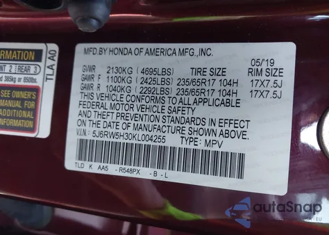 2019 Honda Cr-V Lx z USA, uszkodzony, nr VIN 5J6RW5H30KL004255